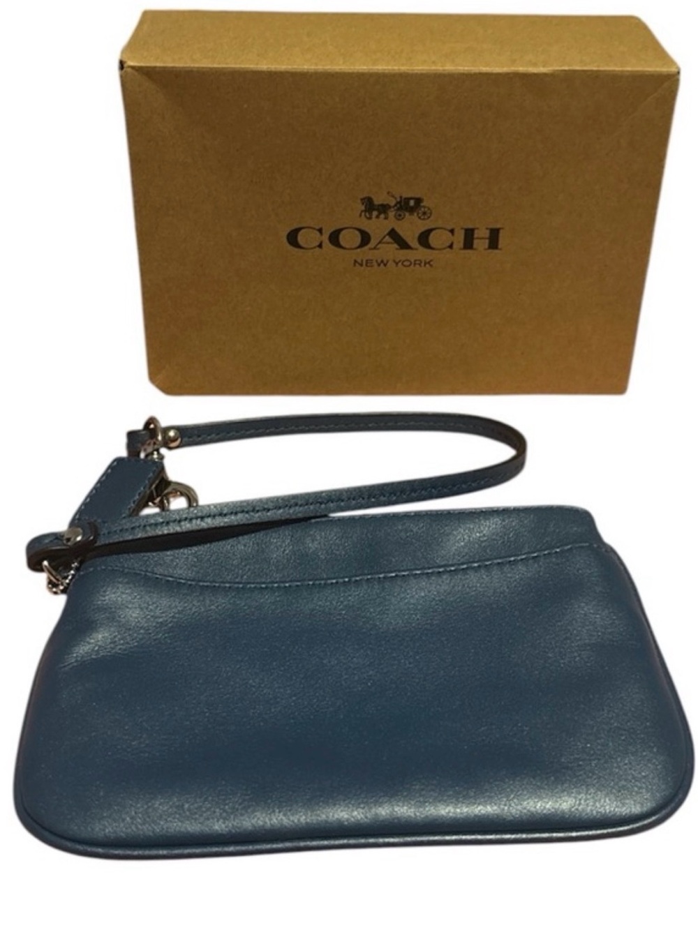 Coach Navy Blue Leather Wristlet Clutch Y2K Minimalist Zip Pouch Chic - EUC